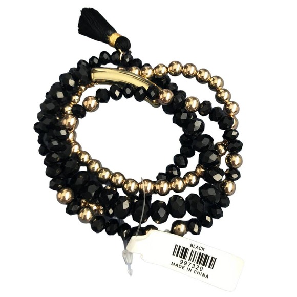 Francesca's Glass Beaded‎ Tassel Bracelet Set Black Gold - Picture 5 of 6
